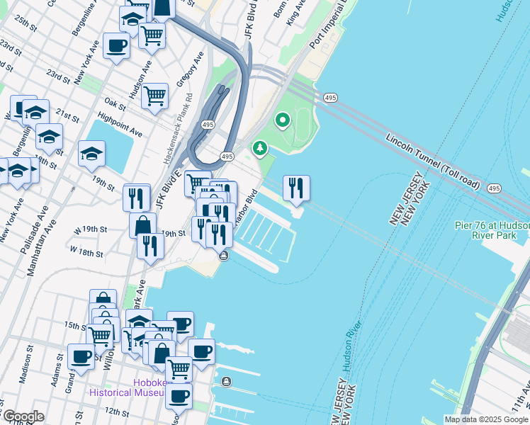 map of restaurants, bars, coffee shops, grocery stores, and more near 1608 Harbor Boulevard in Weehawken