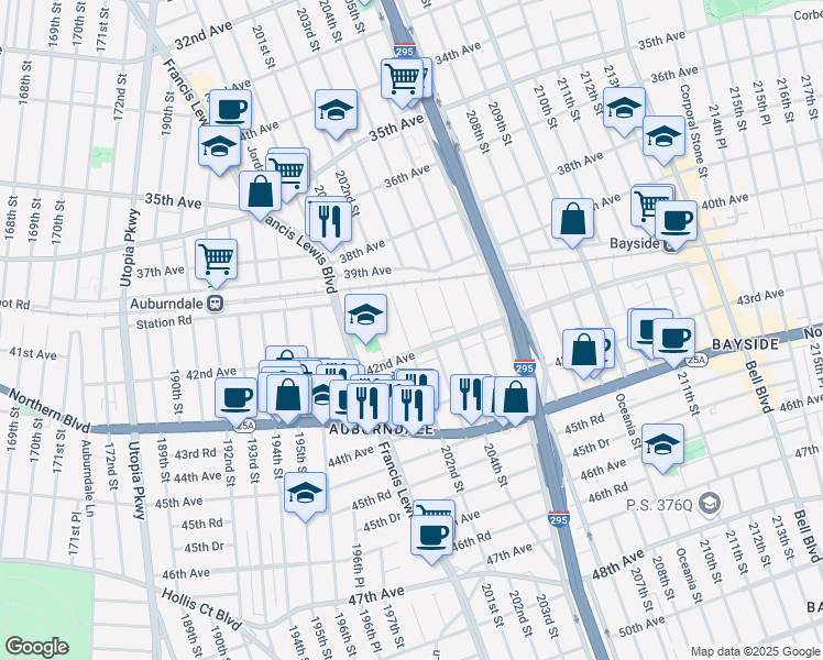 map of restaurants, bars, coffee shops, grocery stores, and more near 4033 202nd Street in Queens