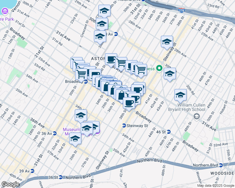 map of restaurants, bars, coffee shops, grocery stores, and more near 31-76 36th Street in Queens