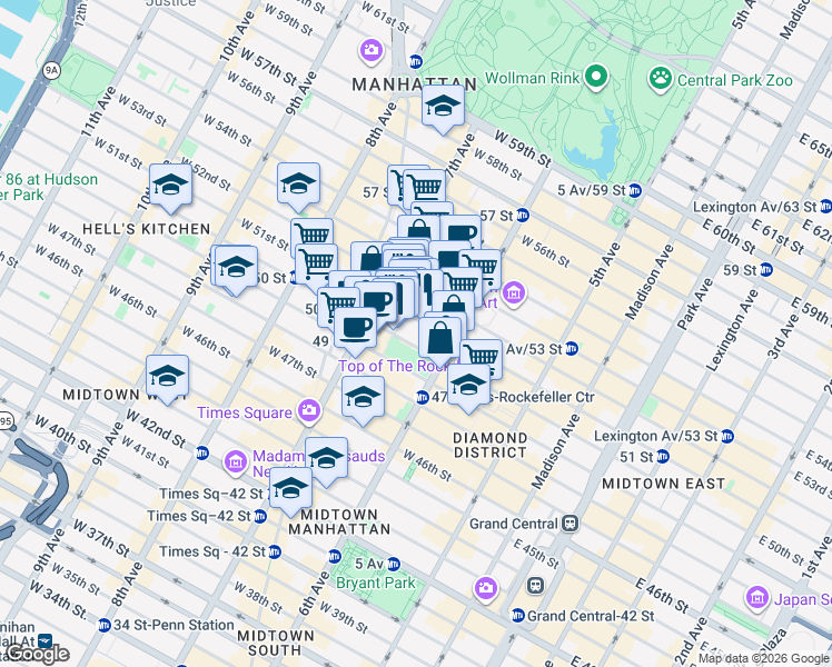 map of restaurants, bars, coffee shops, grocery stores, and more near 1271 6th Avenue in New York