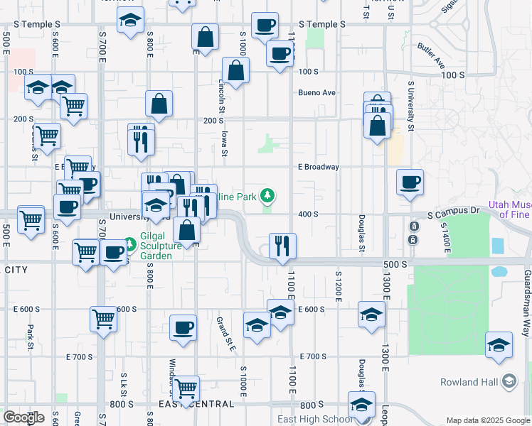 map of restaurants, bars, coffee shops, grocery stores, and more near 1033 400 South in Salt Lake City