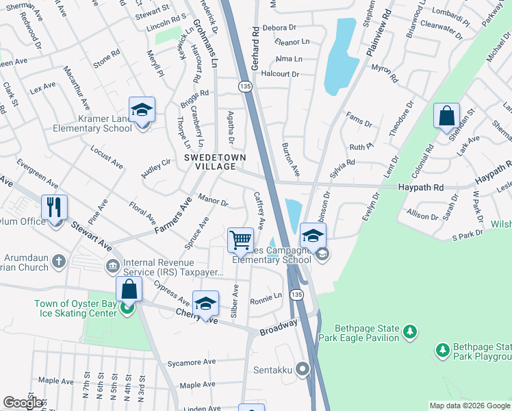 map of restaurants, bars, coffee shops, grocery stores, and more near 88 Caffrey Avenue in Bethpage