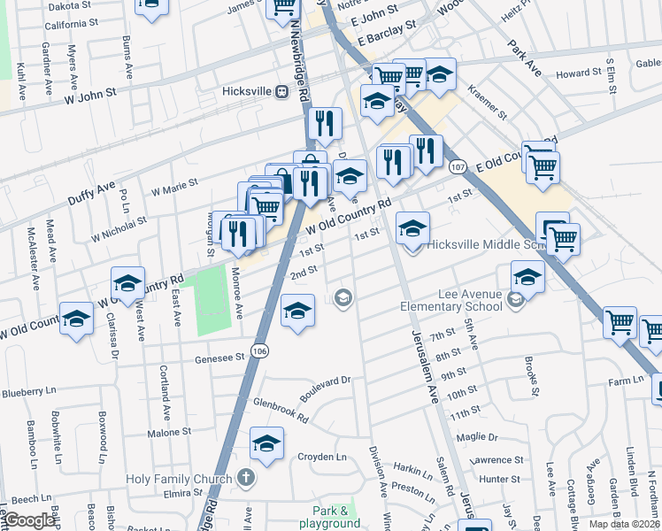 map of restaurants, bars, coffee shops, grocery stores, and more near 140 Division Avenue in Hicksville