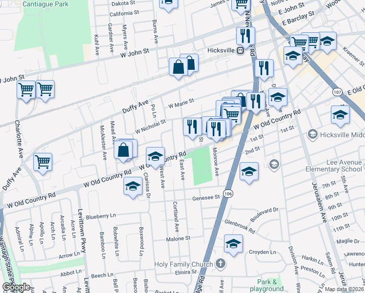 map of restaurants, bars, coffee shops, grocery stores, and more near 290 West Old Country Road in Hicksville