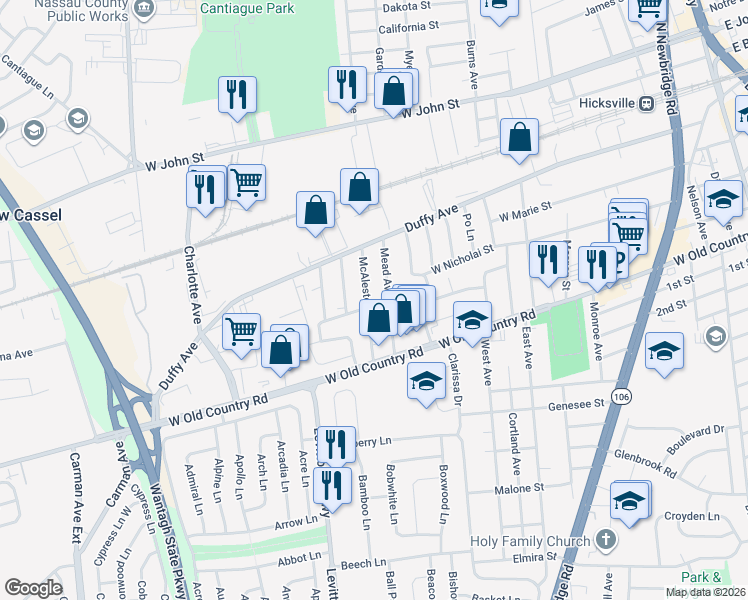 map of restaurants, bars, coffee shops, grocery stores, and more near 49 McAlester Avenue in Hicksville