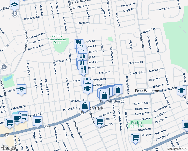 map of restaurants, bars, coffee shops, grocery stores, and more near 29 Temple Street in Williston Park