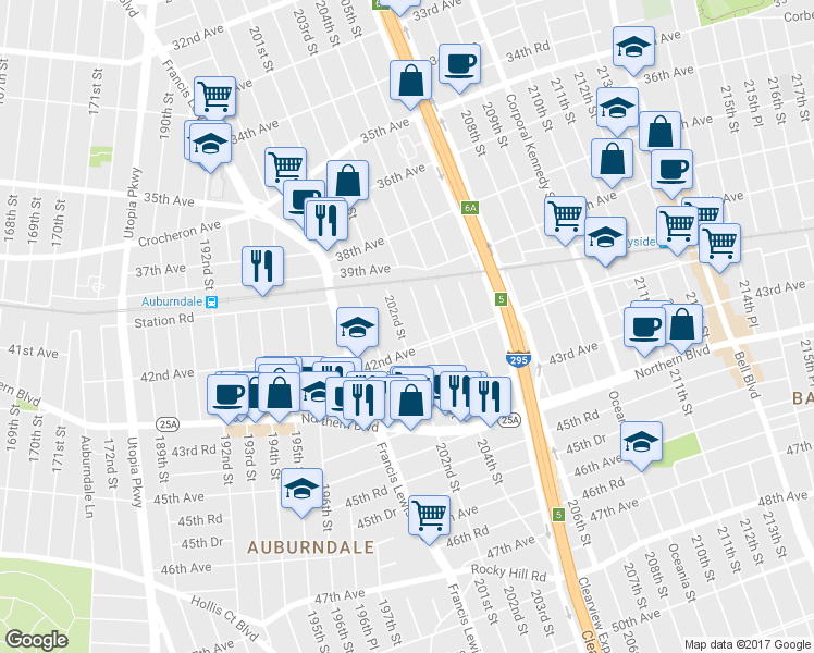 map of restaurants, bars, coffee shops, grocery stores, and more near 40-24 203rd Street in Queens