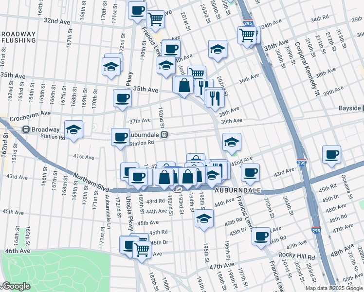 map of restaurants, bars, coffee shops, grocery stores, and more near 194-02 Station Road in Queens