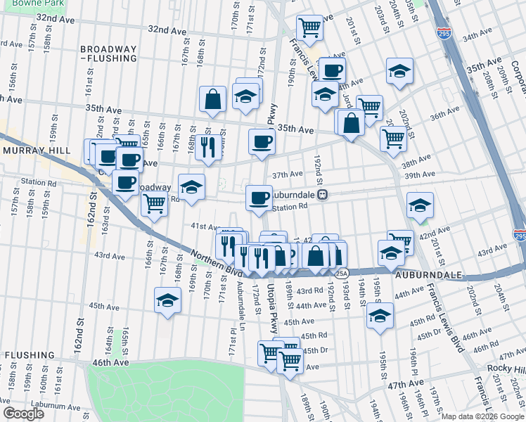 map of restaurants, bars, coffee shops, grocery stores, and more near 39-20 Utopia Parkway in Queens