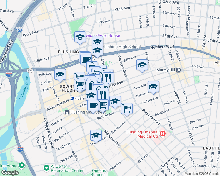 map of restaurants, bars, coffee shops, grocery stores, and more near 143-8 Roosevelt Avenue in Queens