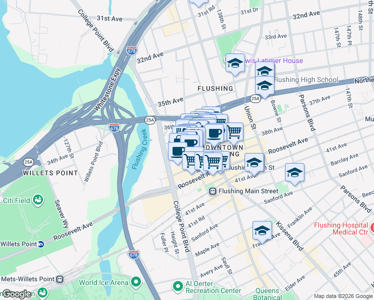 map of restaurants, bars, coffee shops, grocery stores, and more near 135-15 37th Avenue in Queens