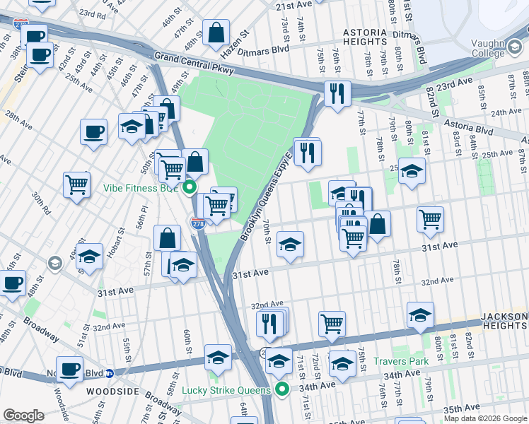 map of restaurants, bars, coffee shops, grocery stores, and more near 25-35 70th Street in Queens