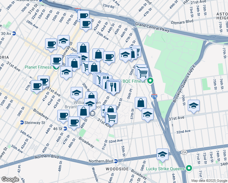 map of restaurants, bars, coffee shops, grocery stores, and more near 48-11 30th Avenue in Queens