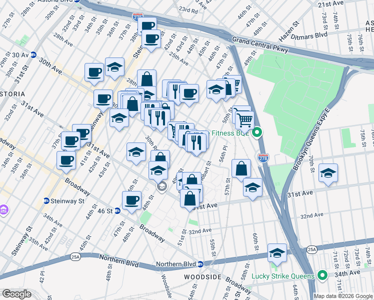 map of restaurants, bars, coffee shops, grocery stores, and more near 48-11 30th Avenue in Queens