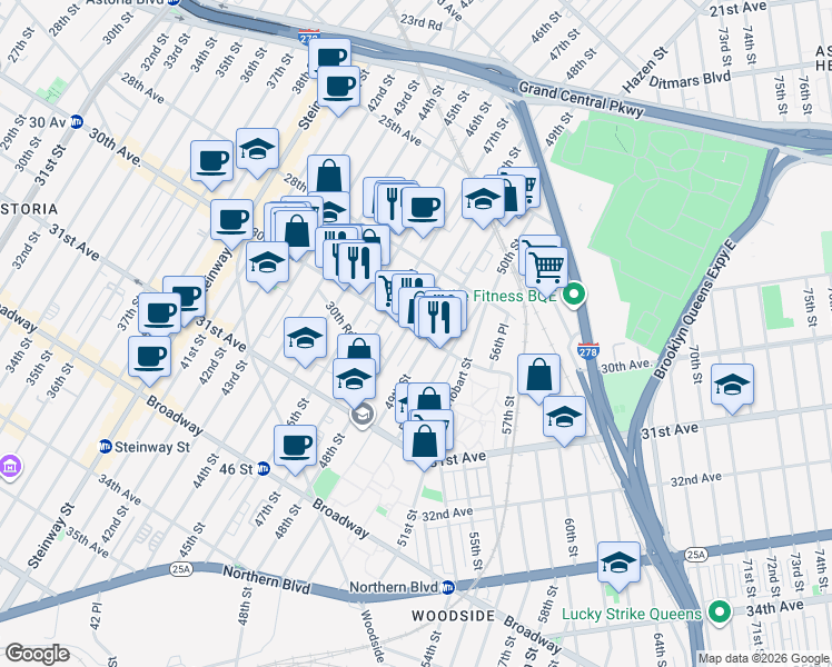map of restaurants, bars, coffee shops, grocery stores, and more near 48-11 30th Avenue in Queens