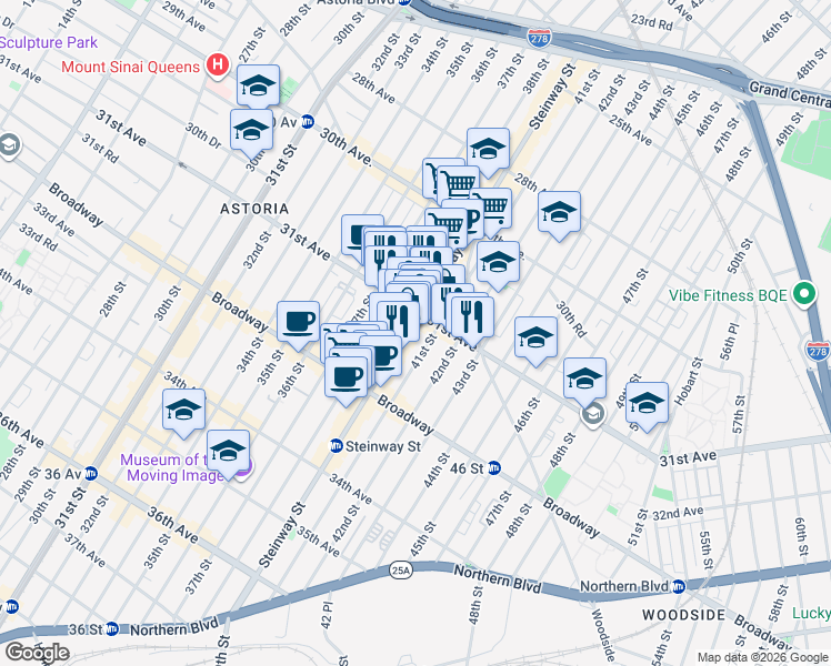 map of restaurants, bars, coffee shops, grocery stores, and more near 3101 Steinway Street in Queens