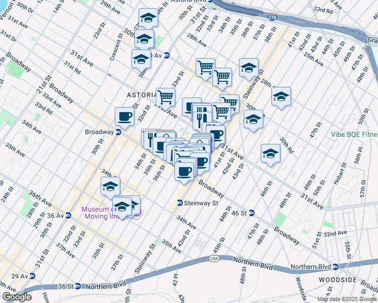 map of restaurants, bars, coffee shops, grocery stores, and more near 31-48 37th Street in Queens