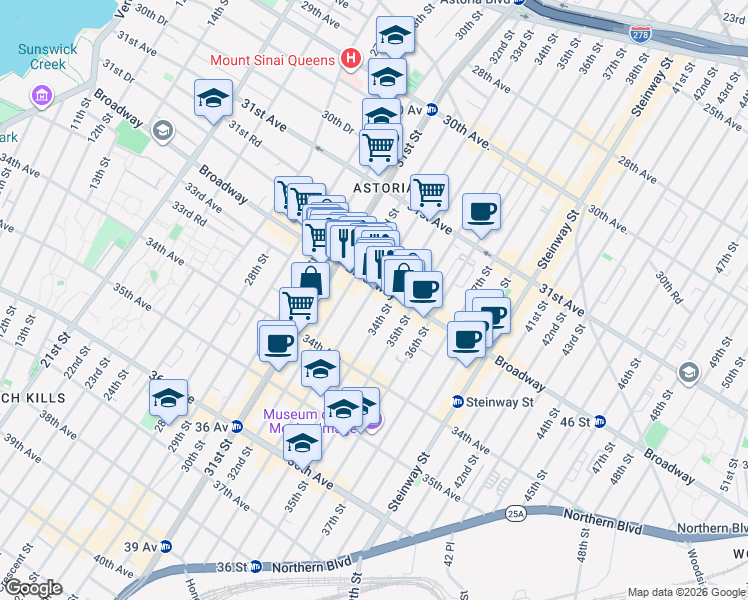 map of restaurants, bars, coffee shops, grocery stores, and more near 32-14 33rd Street in Queens