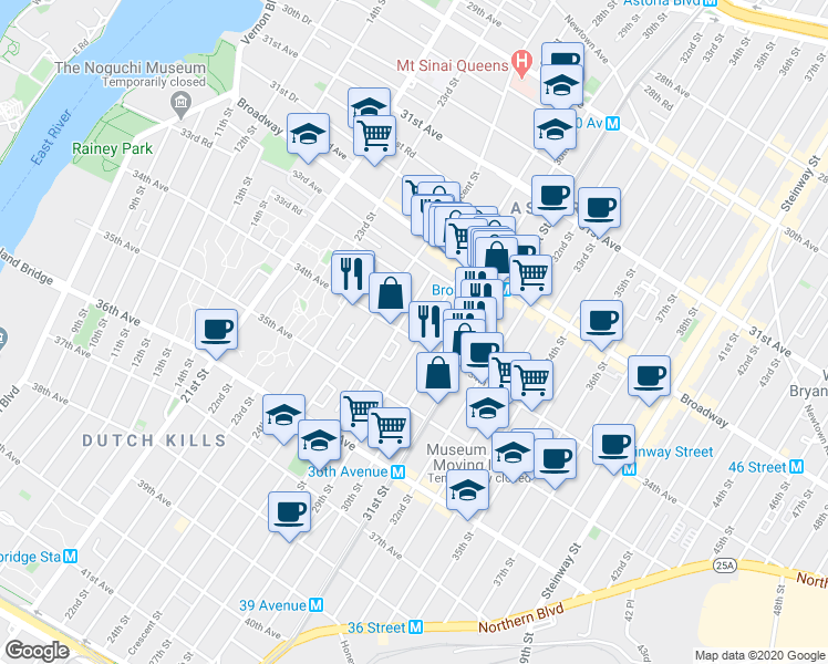 map of restaurants, bars, coffee shops, grocery stores, and more near in Queens