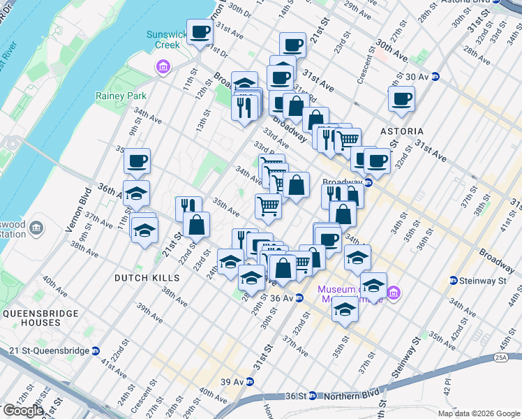 map of restaurants, bars, coffee shops, grocery stores, and more near 34-25 24th Street in Queens