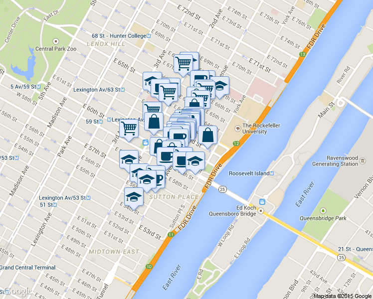 map of restaurants, bars, coffee shops, grocery stores, and more near 1118 1st Avenue in New York