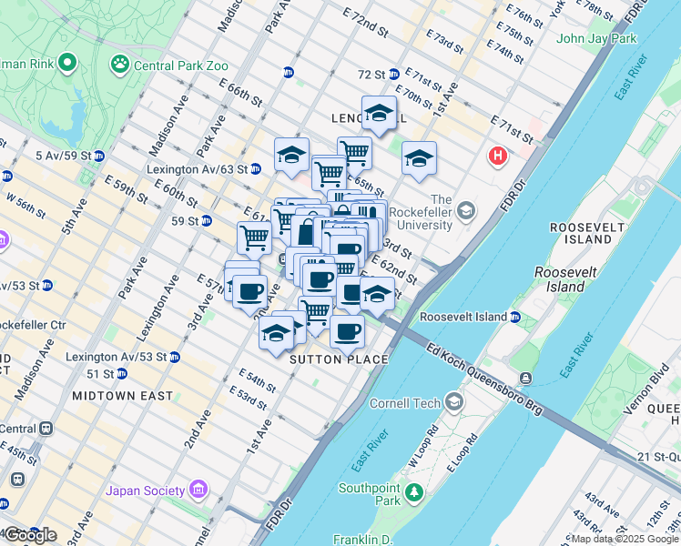 map of restaurants, bars, coffee shops, grocery stores, and more near 330 East 61st Street in New York