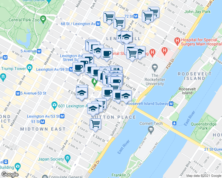 map of restaurants, bars, coffee shops, grocery stores, and more near 330 East 61st Street in New York