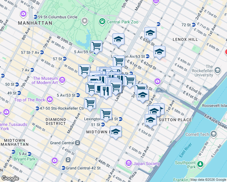 map of restaurants, bars, coffee shops, grocery stores, and more near 126 East 56th Street in New York