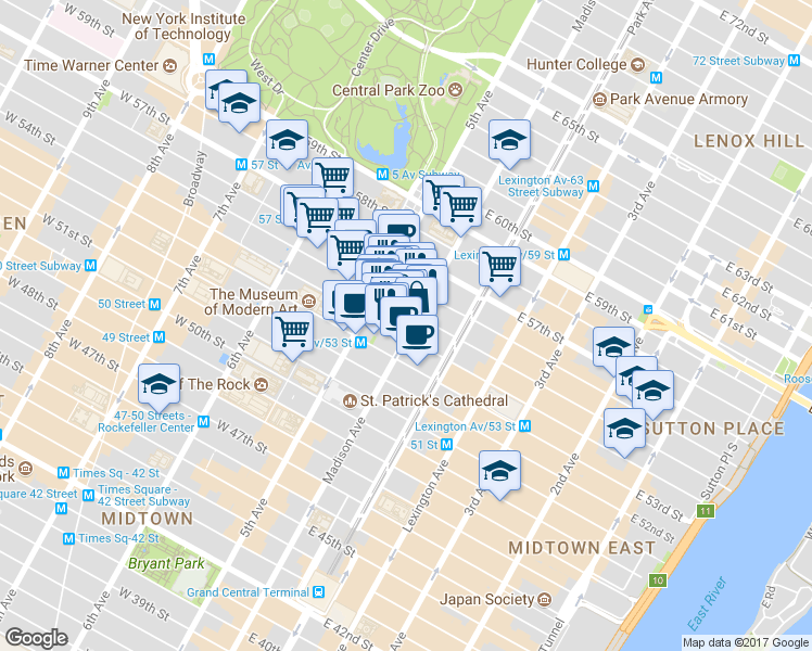 map of restaurants, bars, coffee shops, grocery stores, and more near 16 East 54th Street in New York