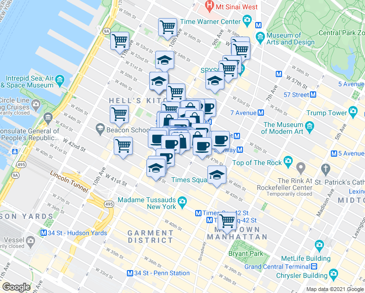 map of restaurants, bars, coffee shops, grocery stores, and more near 343 West 47th Street in New York