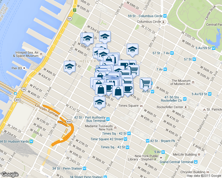 map of restaurants, bars, coffee shops, grocery stores, and more near 343 West 47th Street in New York