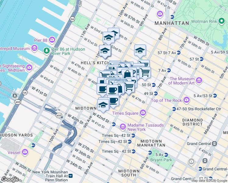 map of restaurants, bars, coffee shops, grocery stores, and more near 343 West 47th Street in New York