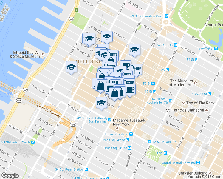 map of restaurants, bars, coffee shops, grocery stores, and more near 343 West 47th Street in New York