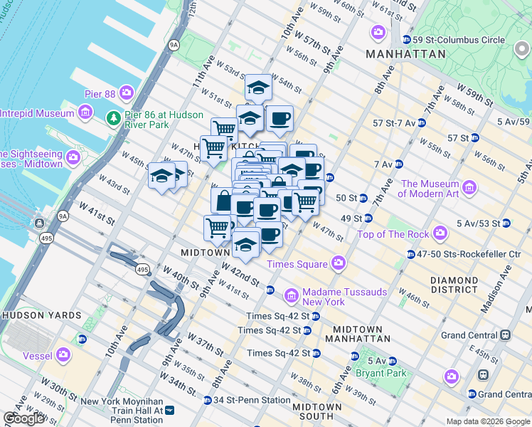 map of restaurants, bars, coffee shops, grocery stores, and more near in New York