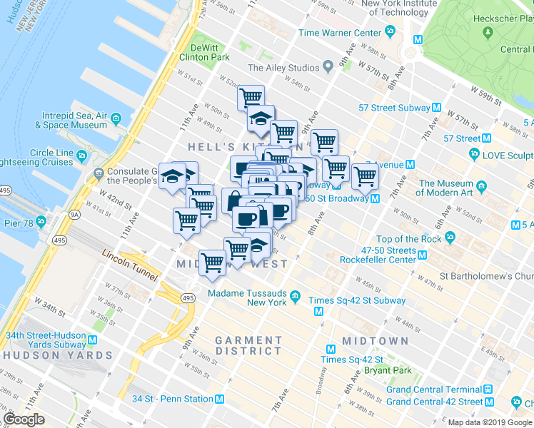 map of restaurants, bars, coffee shops, grocery stores, and more near in New York