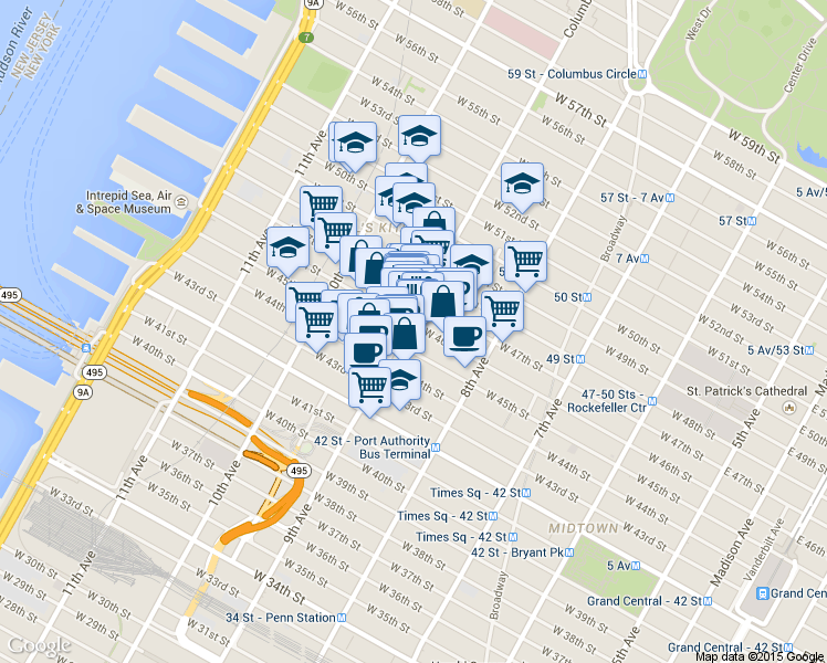 map of restaurants, bars, coffee shops, grocery stores, and more near in New York