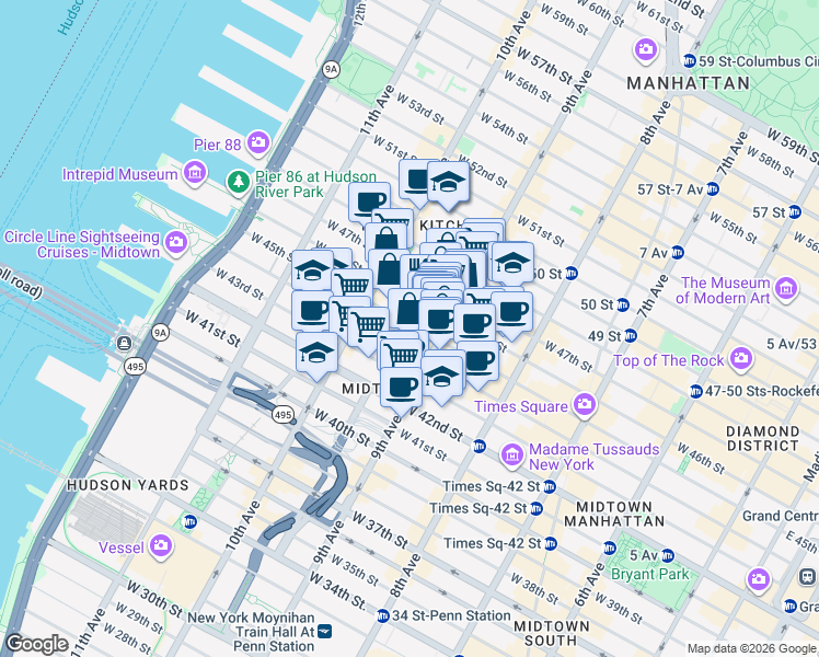 map of restaurants, bars, coffee shops, grocery stores, and more near 421 West 45th Street in New York