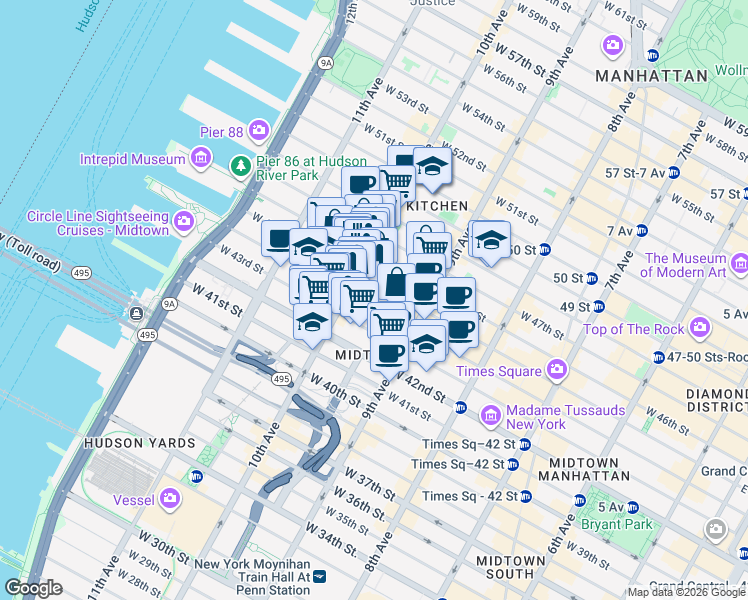 map of restaurants, bars, coffee shops, grocery stores, and more near in New York