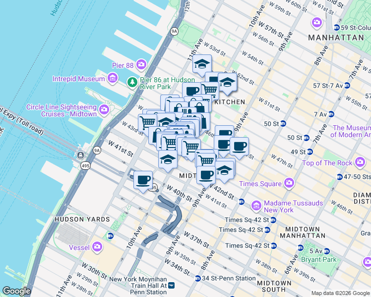 map of restaurants, bars, coffee shops, grocery stores, and more near 500 West 43rd Street in New York