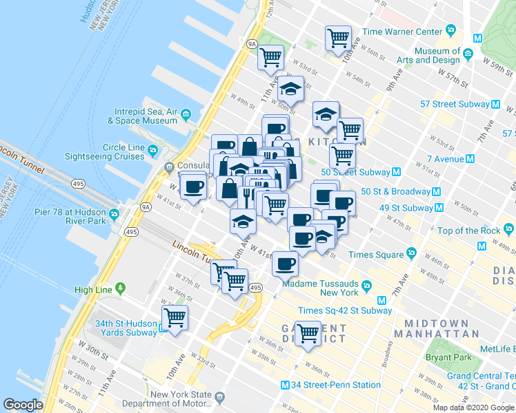 map of restaurants, bars, coffee shops, grocery stores, and more near 500 West 43rd Street in New York