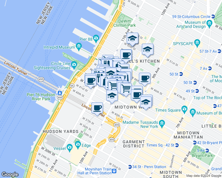 map of restaurants, bars, coffee shops, grocery stores, and more near 532 West 43rd Street in New York