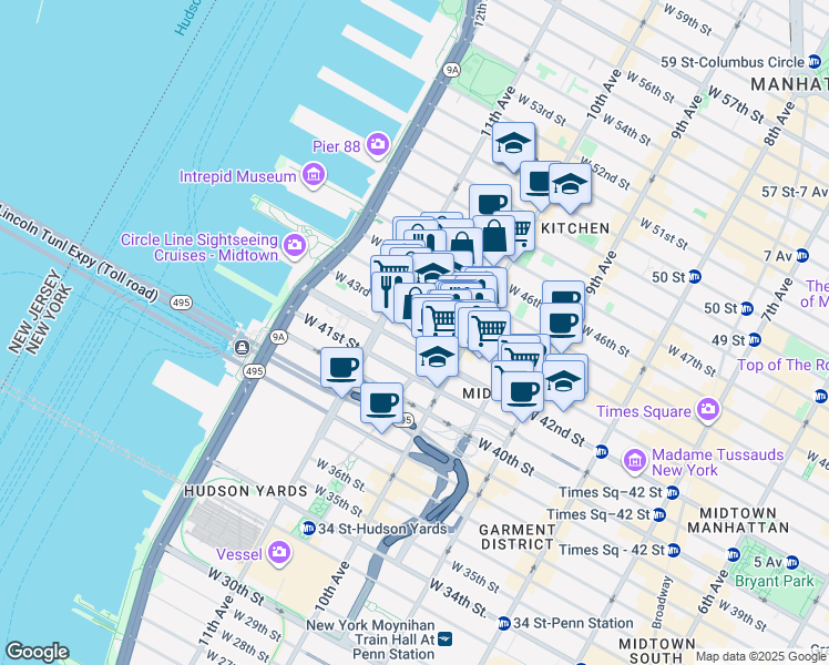 map of restaurants, bars, coffee shops, grocery stores, and more near 532 West 43rd Street in New York