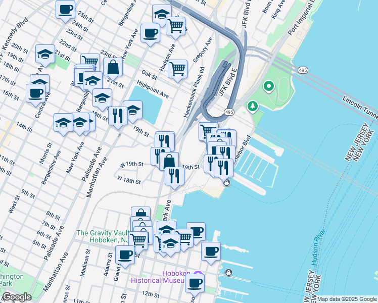 map of restaurants, bars, coffee shops, grocery stores, and more near 1917-1919 Willow Avenue in Weehawken