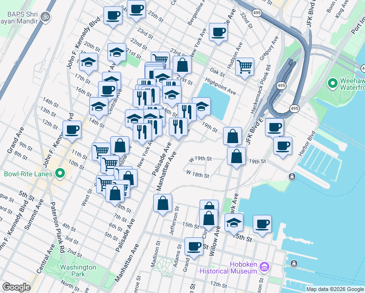 map of restaurants, bars, coffee shops, grocery stores, and more near 201 16th Street in Union City