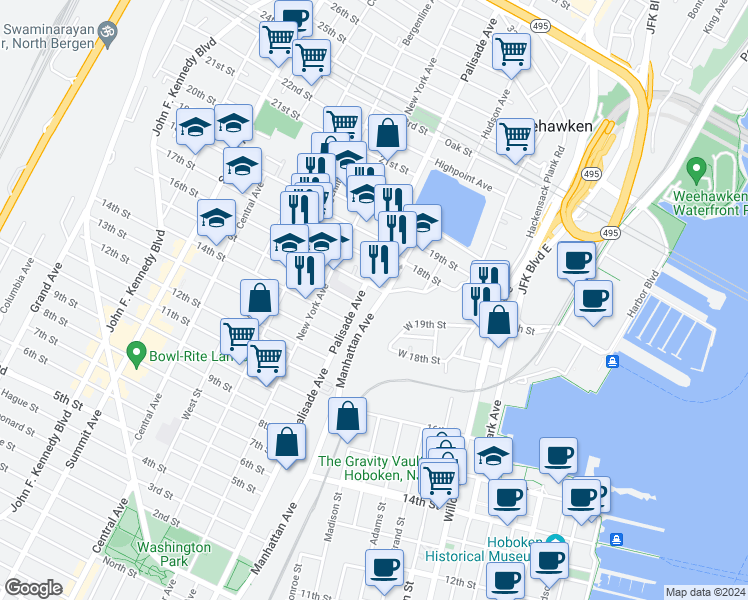 map of restaurants, bars, coffee shops, grocery stores, and more near 201 16th Street in Union City