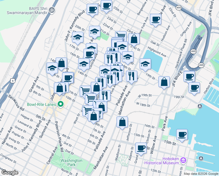 map of restaurants, bars, coffee shops, grocery stores, and more near 1415 New York Avenue in Union City