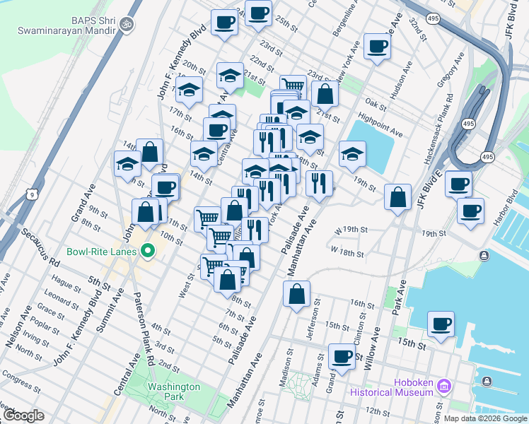map of restaurants, bars, coffee shops, grocery stores, and more near 1415 New York Avenue in Union City
