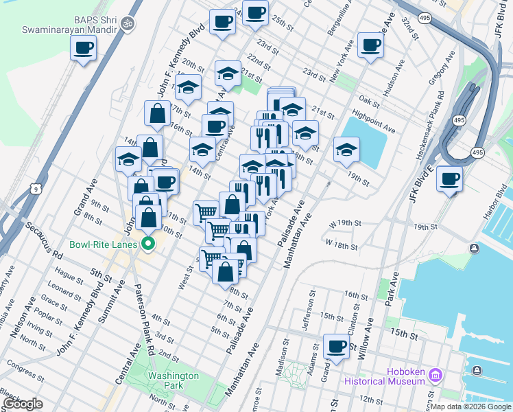 map of restaurants, bars, coffee shops, grocery stores, and more near 1317 Bergenline Avenue in Union City