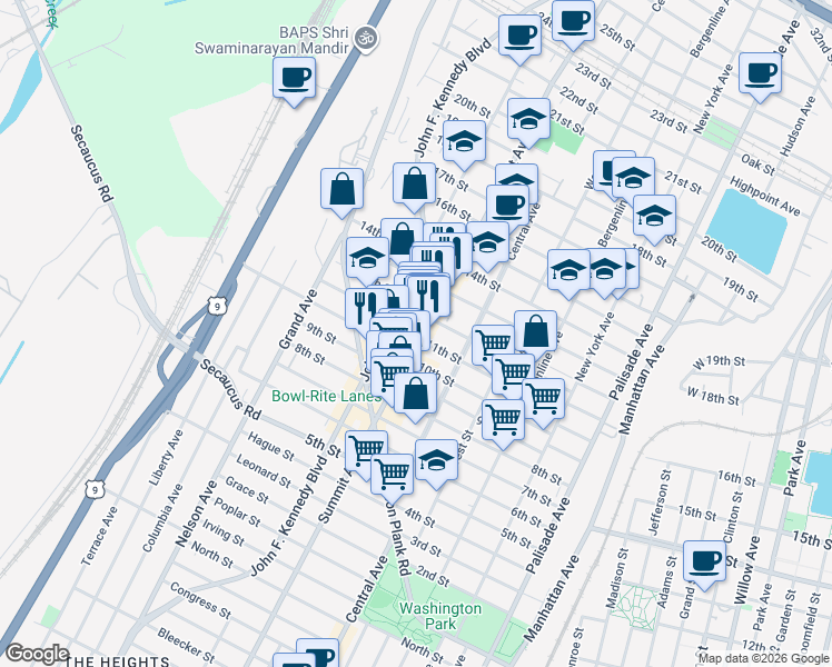 map of restaurants, bars, coffee shops, grocery stores, and more near 1107 Summit Avenue in Union City