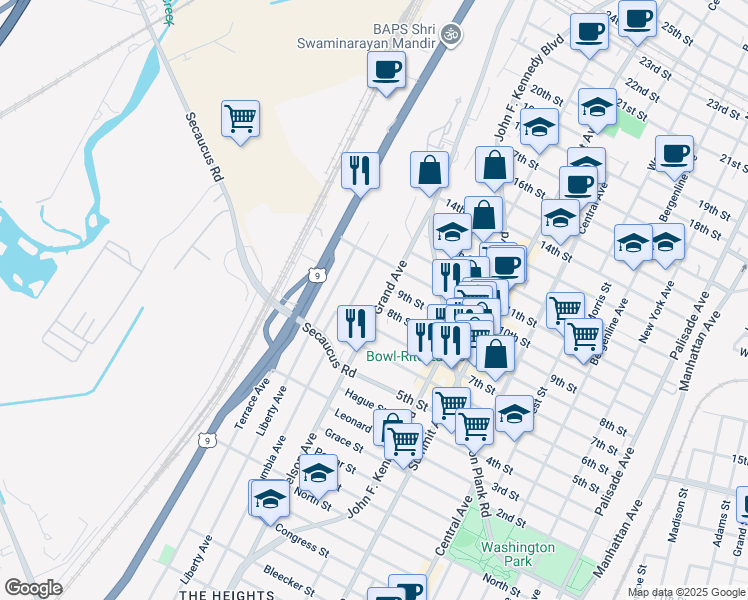 map of restaurants, bars, coffee shops, grocery stores, and more near 811 Grand Avenue in North Bergen